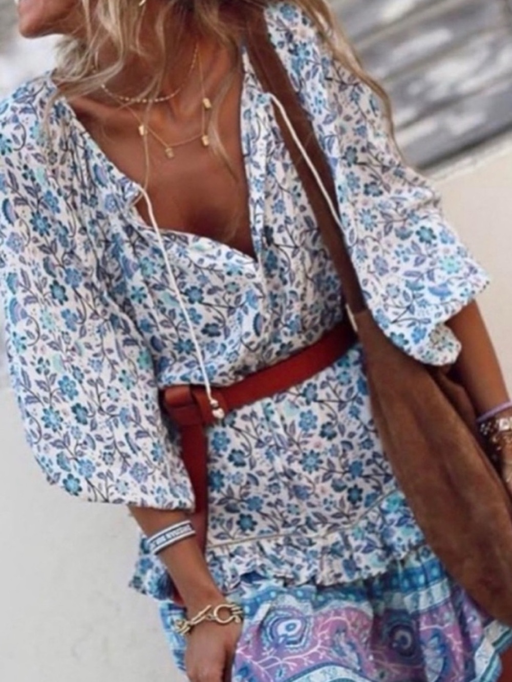Spell Dahlia Floral Tunic Dress in Dusty Blue